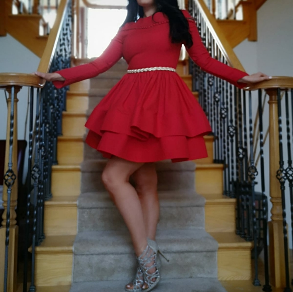 Holiday red party dress.